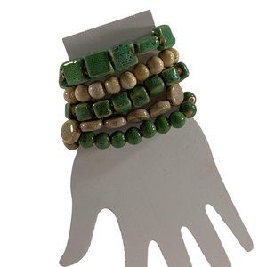 Lot of 5 Ceramic Green Tan Beaded Stretch Bracelets Stackable Various Shapes